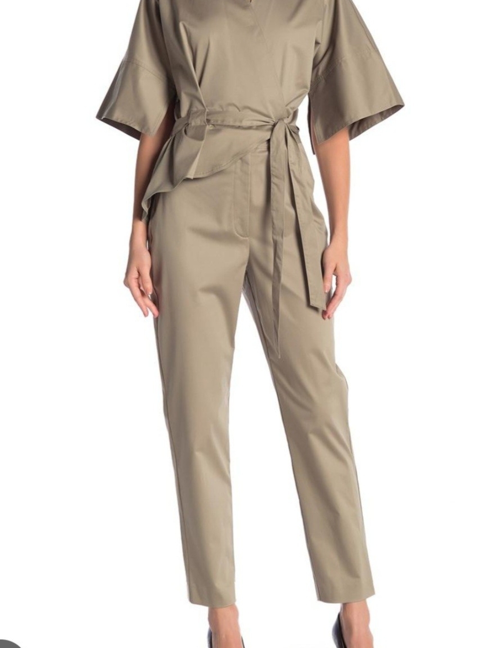 Nicole Miller Tie-Waist Short-Sleeve Jumpsuit in (Re)generative Chino Brown 2